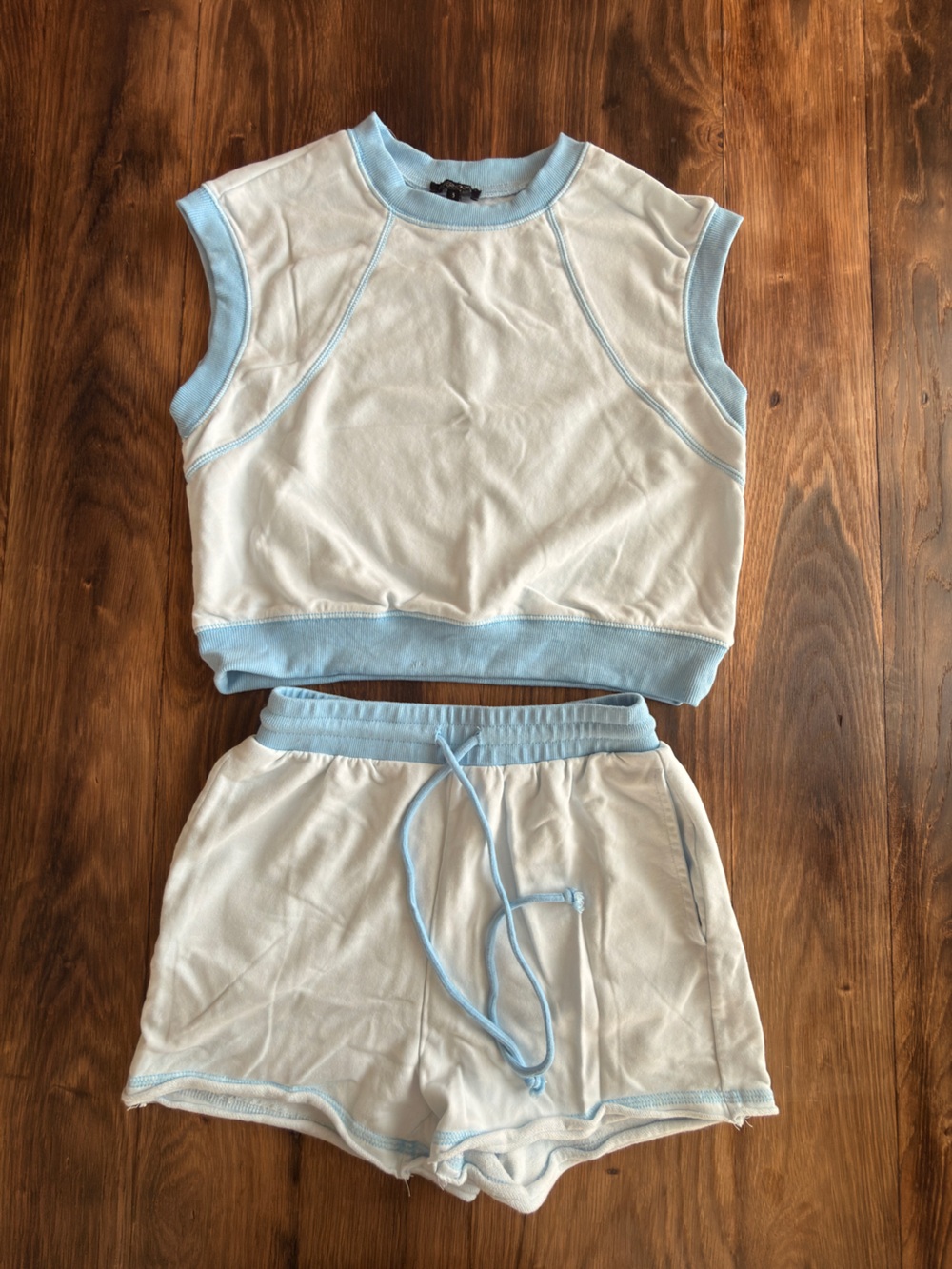 Papermoon White Cropped Tank & Shorts Set with Light Blue Trim